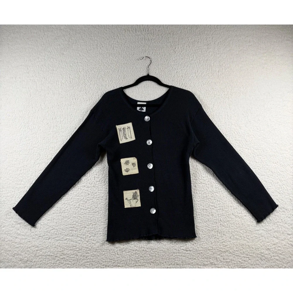 Vtg Hendris Co NYC Waffle Knit Thermal Garden Patch Button Top Cottagecore S